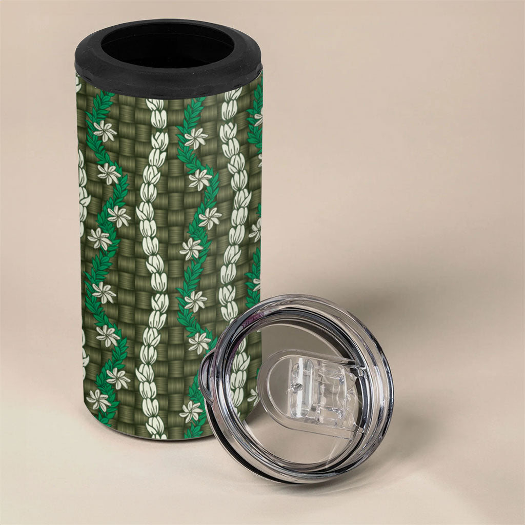 Pikake Maile Tiare Lei 4 in 1 Can Cooler Tumbler Omaomao Lauhala Pattern