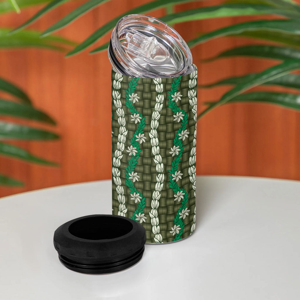 Pikake Maile Tiare Lei 4 in 1 Can Cooler Tumbler Omaomao Lauhala Pattern