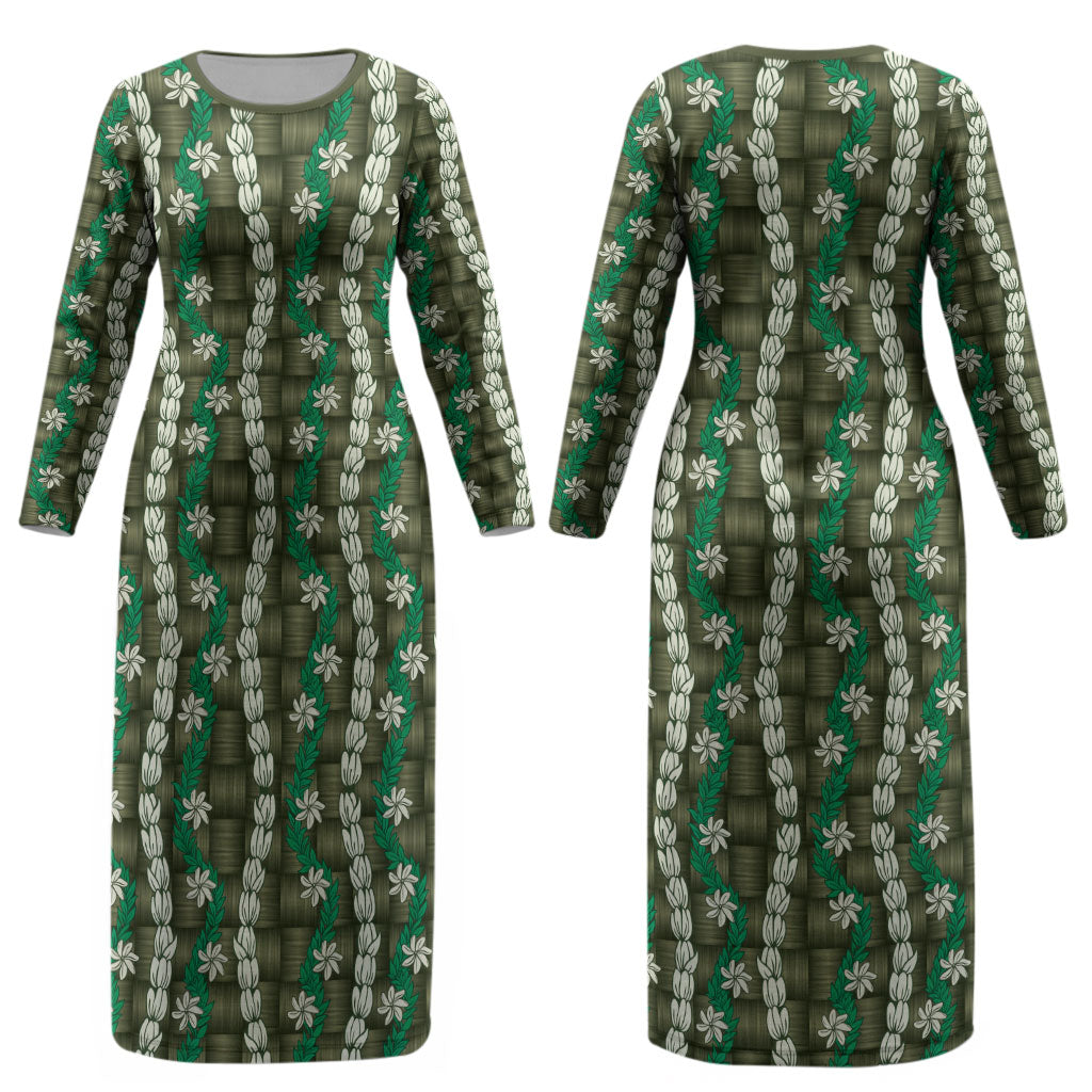 Pikake Maile Tiare Lei Couples Matching Long Sleeve Bodycon Dress and Hawaiian Shirt Omaomao Lauhala Pattern LT01 - Polynesian Pride