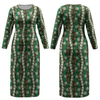 Pikake Maile Tiare Lei Couples Matching Long Sleeve Bodycon Dress and Long Sleeve Button Shirt Omaomao Lauhala Pattern LT01 - Polynesian Pride