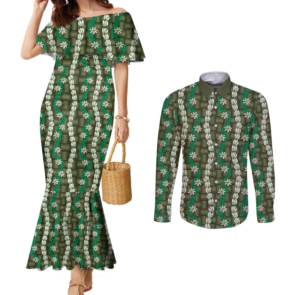 Pikake Maile Tiare Lei Couples Matching Mermaid Dress and Long Sleeve Button Shirt Omaomao Lauhala Pattern LT01 Green - Polynesian Pride