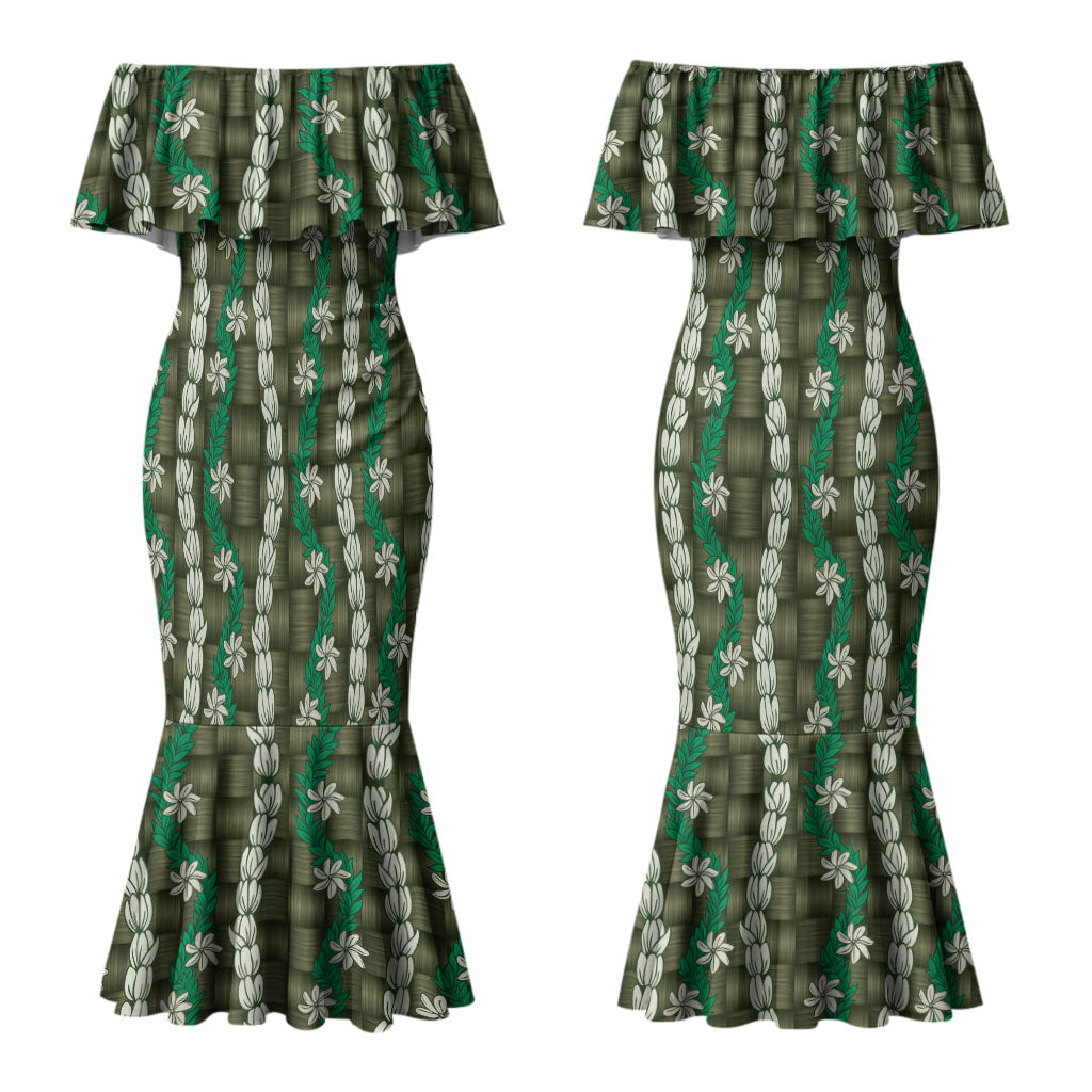 Pikake Maile Tiare Lei Couples Matching Mermaid Dress and Long Sleeve Button Shirt Omaomao Lauhala Pattern LT01 - Polynesian Pride