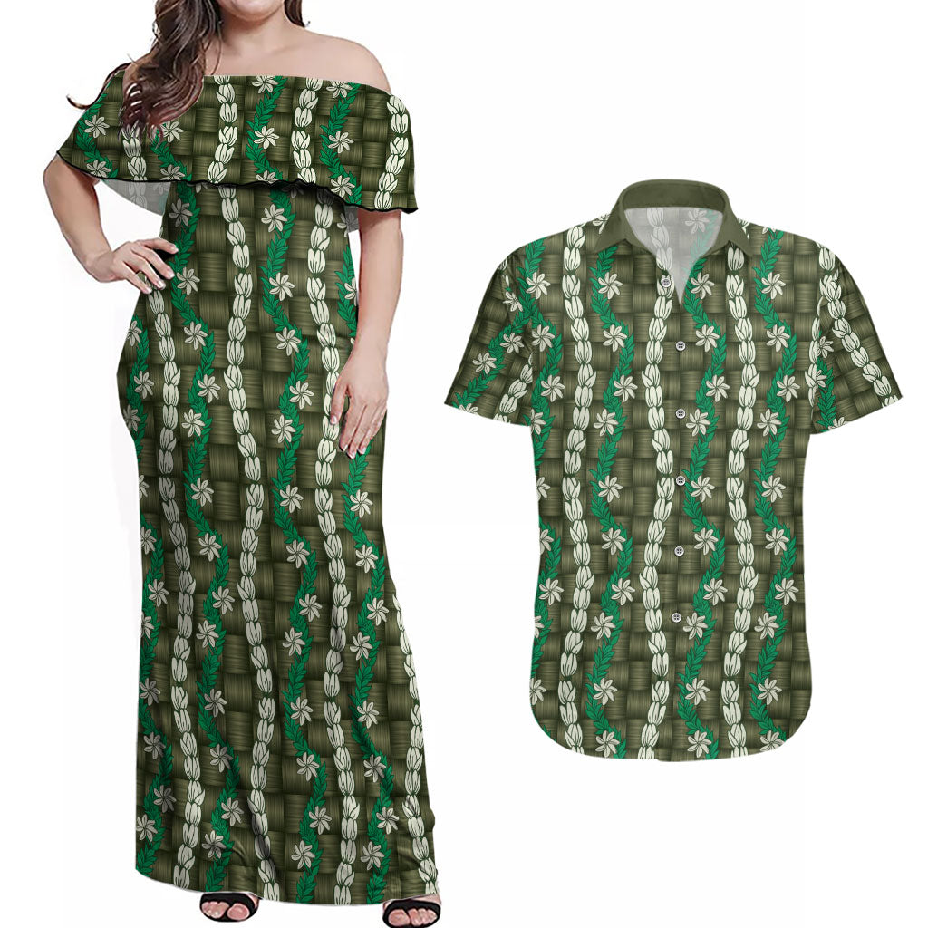 Pikake Maile Tiare Lei Couples Matching Off Shoulder Maxi Dress and Hawaiian Shirt Omaomao Lauhala Pattern LT01 Green - Polynesian Pride
