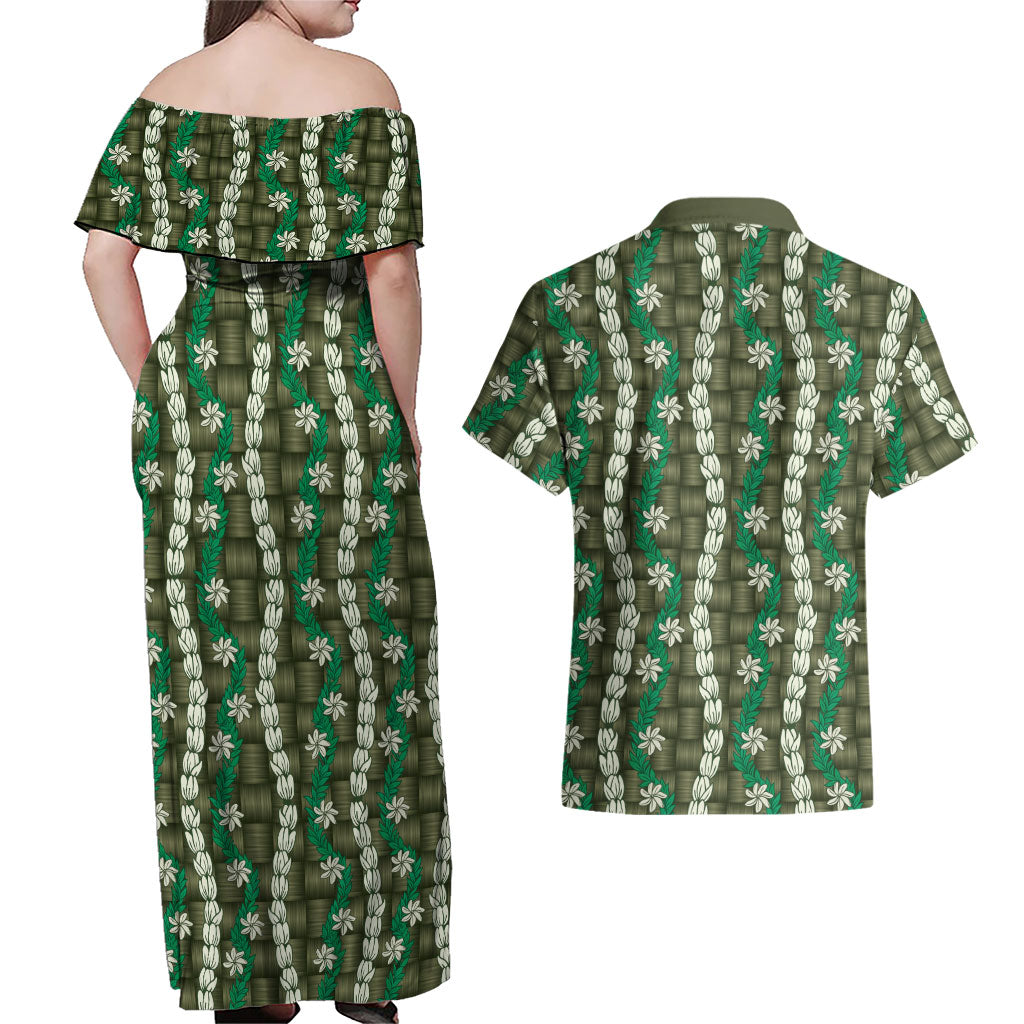 Pikake Maile Tiare Lei Couples Matching Off Shoulder Maxi Dress and Hawaiian Shirt Omaomao Lauhala Pattern