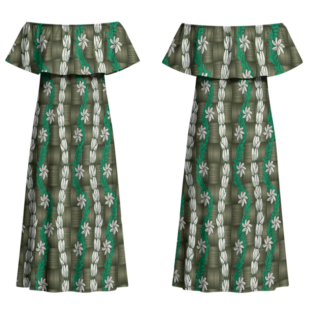 Pikake Maile Tiare Lei Couples Matching Off Shoulder Maxi Dress and Hawaiian Shirt Omaomao Lauhala Pattern LT01 - Polynesian Pride