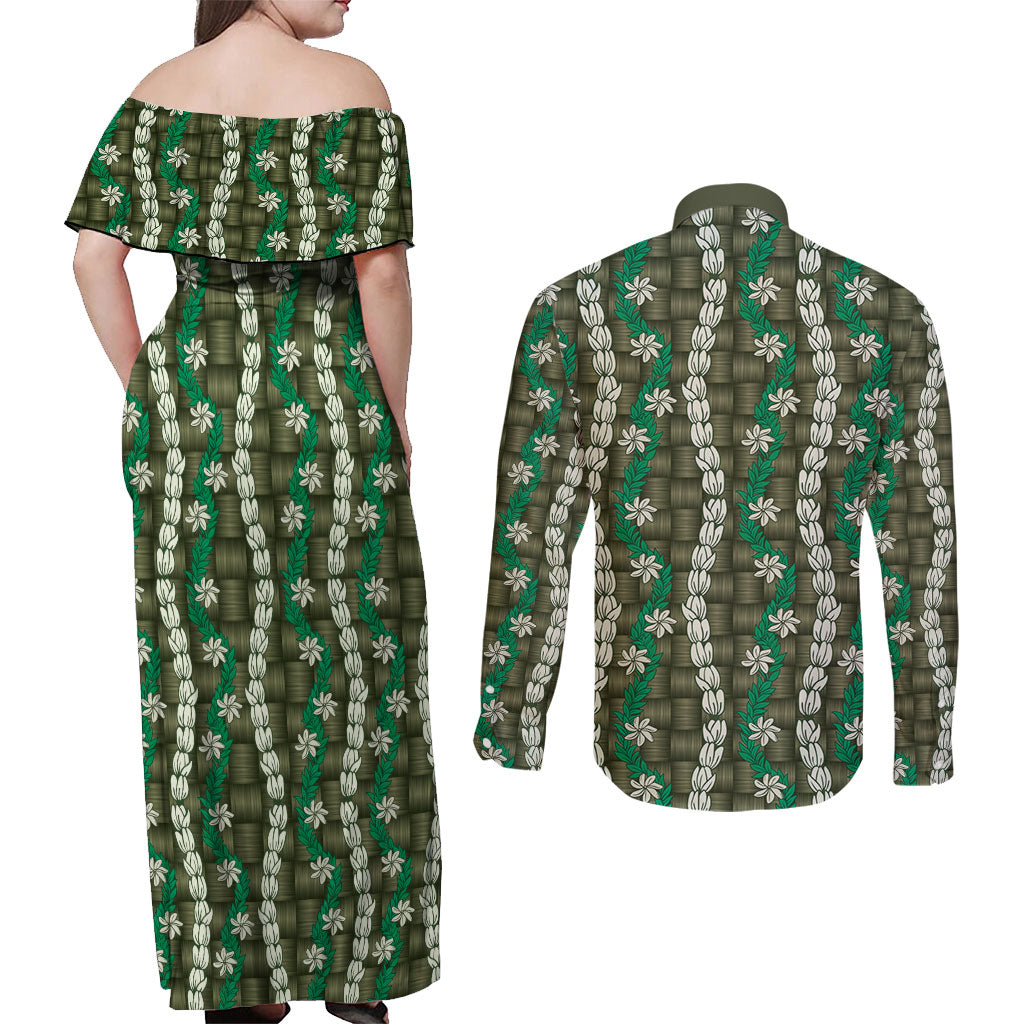 Pikake Maile Tiare Lei Couples Matching Off Shoulder Maxi Dress and Long Sleeve Button Shirt Omaomao Lauhala Pattern