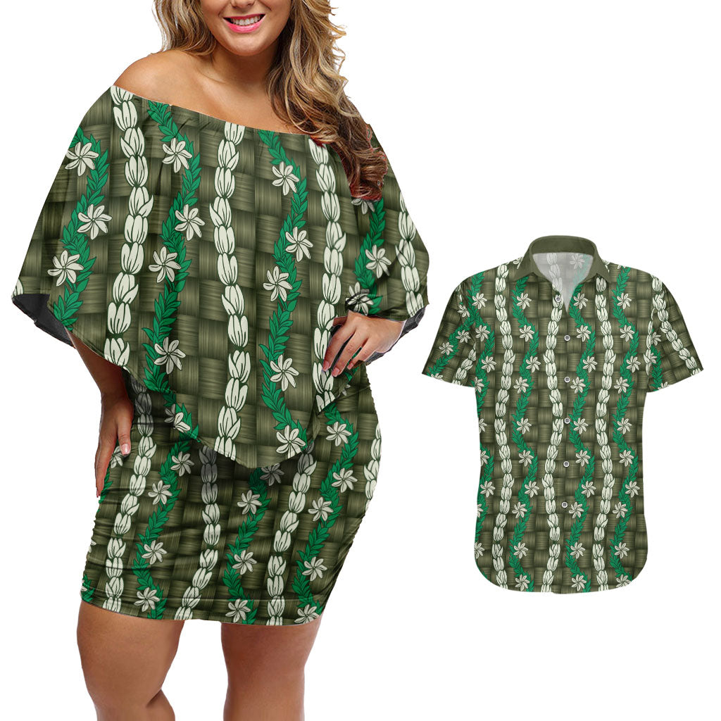 Pikake Maile Tiare Lei Couples Matching Off Shoulder Short Dress and Hawaiian Shirt Omaomao Lauhala Pattern