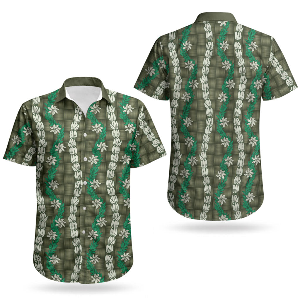Pikake Maile Tiare Lei Couples Matching Off Shoulder Short Dress and Hawaiian Shirt Omaomao Lauhala Pattern LT01 - Polynesian Pride