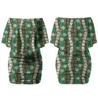 Pikake Maile Tiare Lei Couples Matching Off Shoulder Short Dress and Long Sleeve Button Shirt Omaomao Lauhala Pattern LT01 - Polynesian Pride