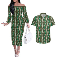 Pikake Maile Tiare Lei Couples Matching Off The Shoulder Long Sleeve Dress and Hawaiian Shirt Omaomao Lauhala Pattern