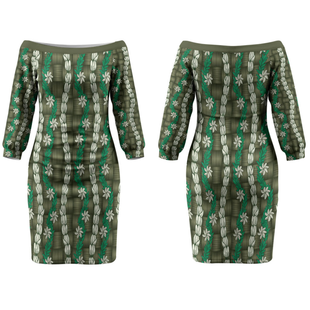 Pikake Maile Tiare Lei Couples Matching Off The Shoulder Long Sleeve Dress and Hawaiian Shirt Omaomao Lauhala Pattern LT01 - Polynesian Pride
