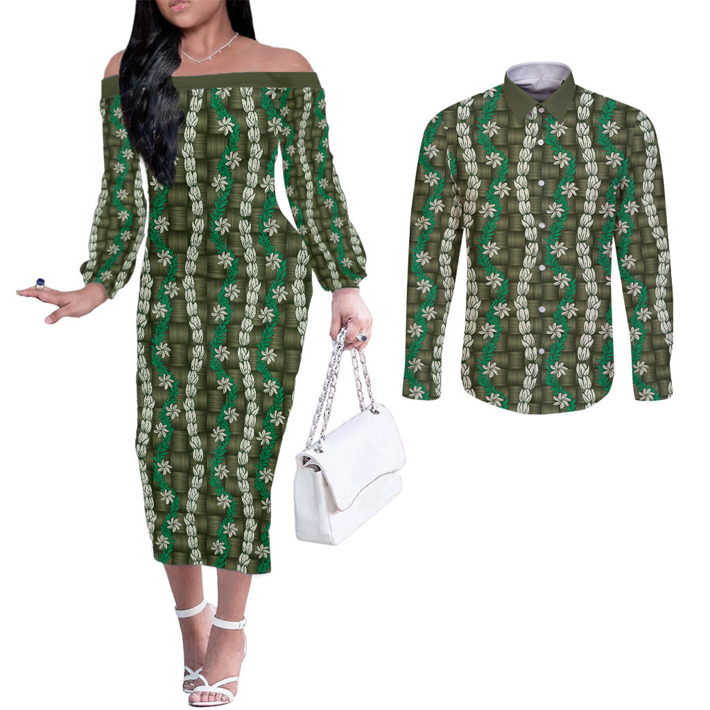 Pikake Maile Tiare Lei Couples Matching Off The Shoulder Long Sleeve Dress and Long Sleeve Button Shirt Omaomao Lauhala Pattern LT01 Green - Polynesian Pride