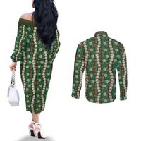 Pikake Maile Tiare Lei Couples Matching Off The Shoulder Long Sleeve Dress and Long Sleeve Button Shirt Omaomao Lauhala Pattern