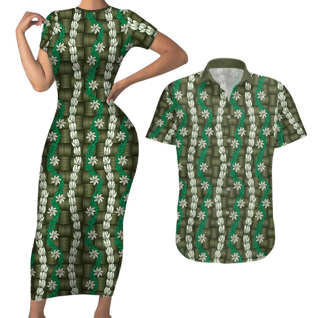 Pikake Maile Tiare Lei Couples Matching Short Sleeve Bodycon Dress and Hawaiian Shirt Omaomao Lauhala Pattern