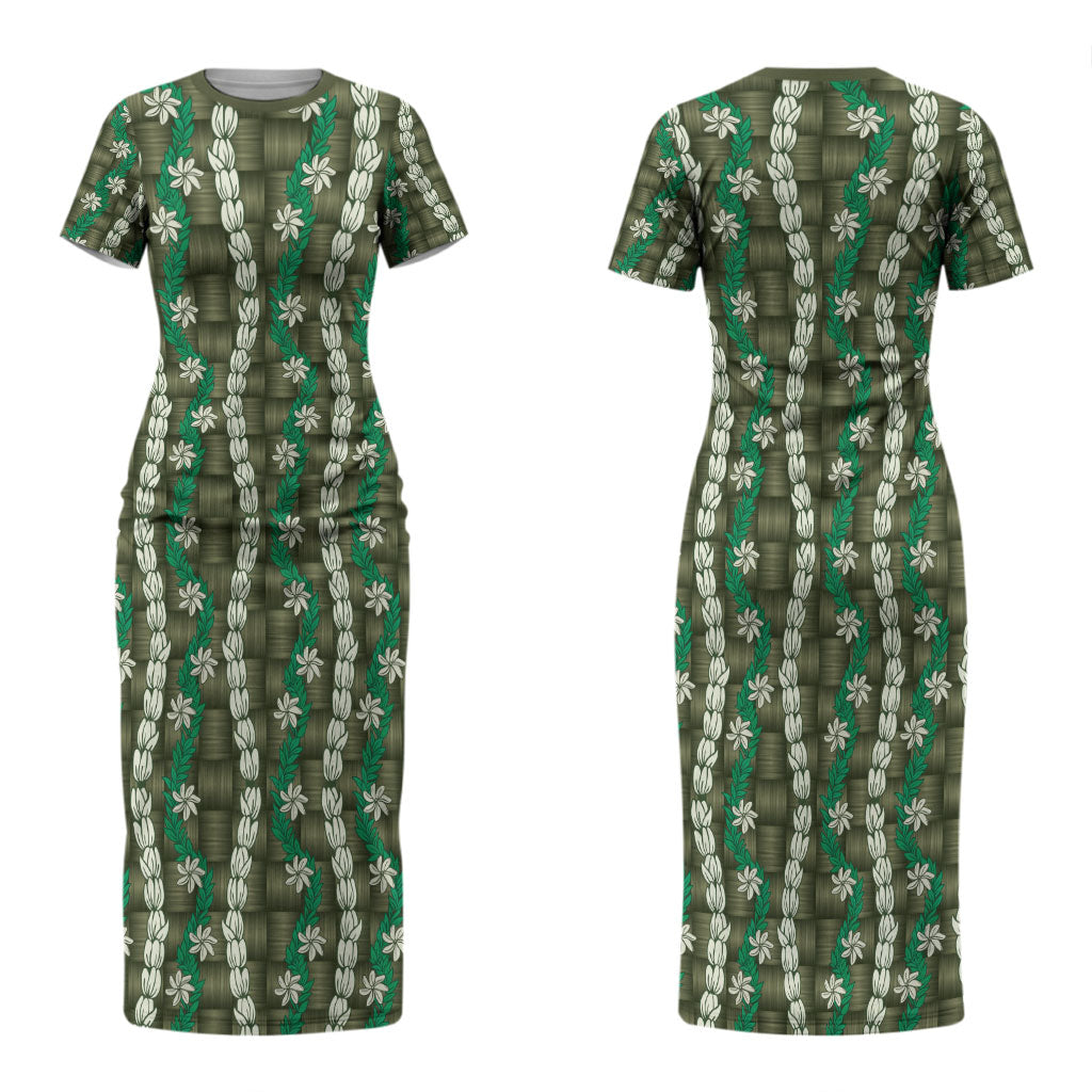 Pikake Maile Tiare Lei Couples Matching Short Sleeve Bodycon Dress and Hawaiian Shirt Omaomao Lauhala Pattern LT01 - Polynesian Pride