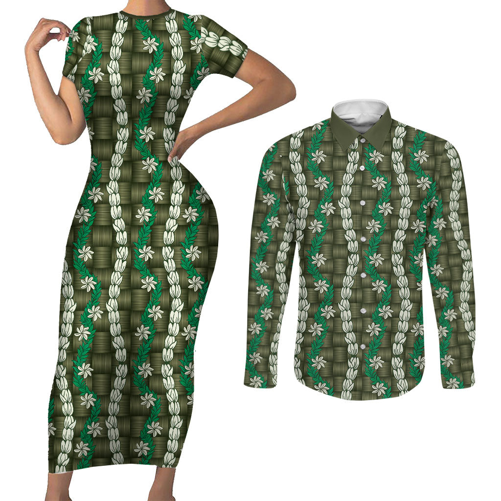 Pikake Maile Tiare Lei Couples Matching Short Sleeve Bodycon Dress and Long Sleeve Button Shirt Omaomao Lauhala Pattern LT01 Green - Polynesian Pride