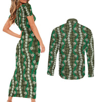 Pikake Maile Tiare Lei Couples Matching Short Sleeve Bodycon Dress and Long Sleeve Button Shirt Omaomao Lauhala Pattern
