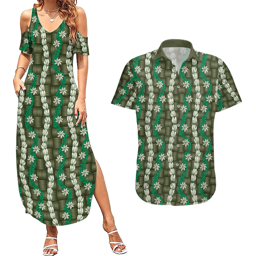 Pikake Maile Tiare Lei Couples Matching Summer Maxi Dress and Hawaiian Shirt Omaomao Lauhala Pattern