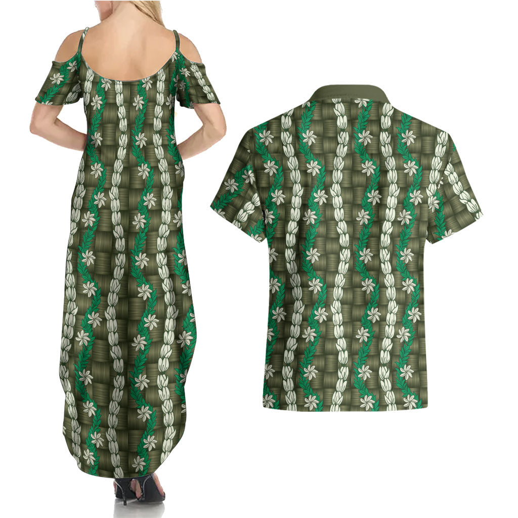 Pikake Maile Tiare Lei Couples Matching Summer Maxi Dress and Hawaiian Shirt Omaomao Lauhala Pattern
