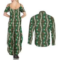 Pikake Maile Tiare Lei Couples Matching Summer Maxi Dress and Long Sleeve Button Shirt Omaomao Lauhala Pattern