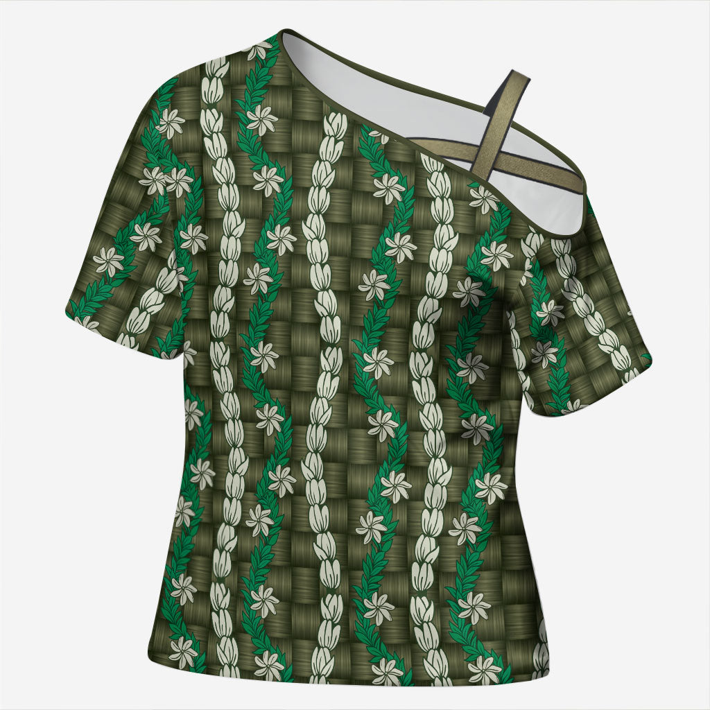Pikake Maile Tiare Lei Cross Shoulder Shirt Omaomao Lauhala Pattern