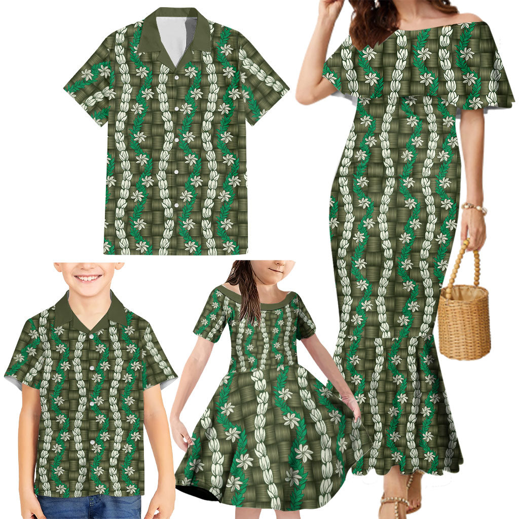 Pikake Maile Tiare Lei Family Matching Mermaid Dress and Hawaiian Shirt Omaomao Lauhala Pattern