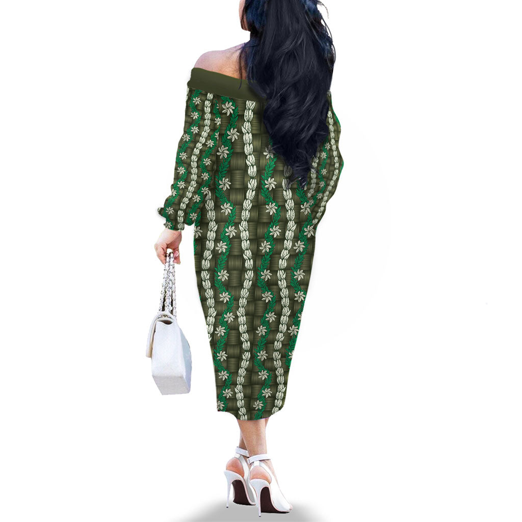 Pikake Maile Tiare Lei Family Matching Off The Shoulder Long Sleeve Dress and Hawaiian Shirt Omaomao Lauhala Pattern