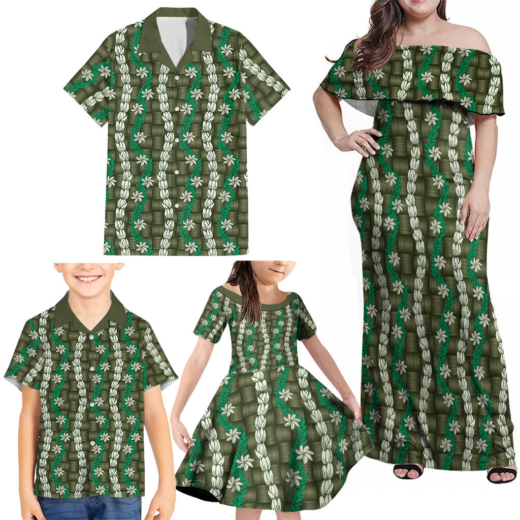 Pikake Maile Tiare Lei Family Matching Off Shoulder Maxi Dress and Hawaiian Shirt Omaomao Lauhala Pattern