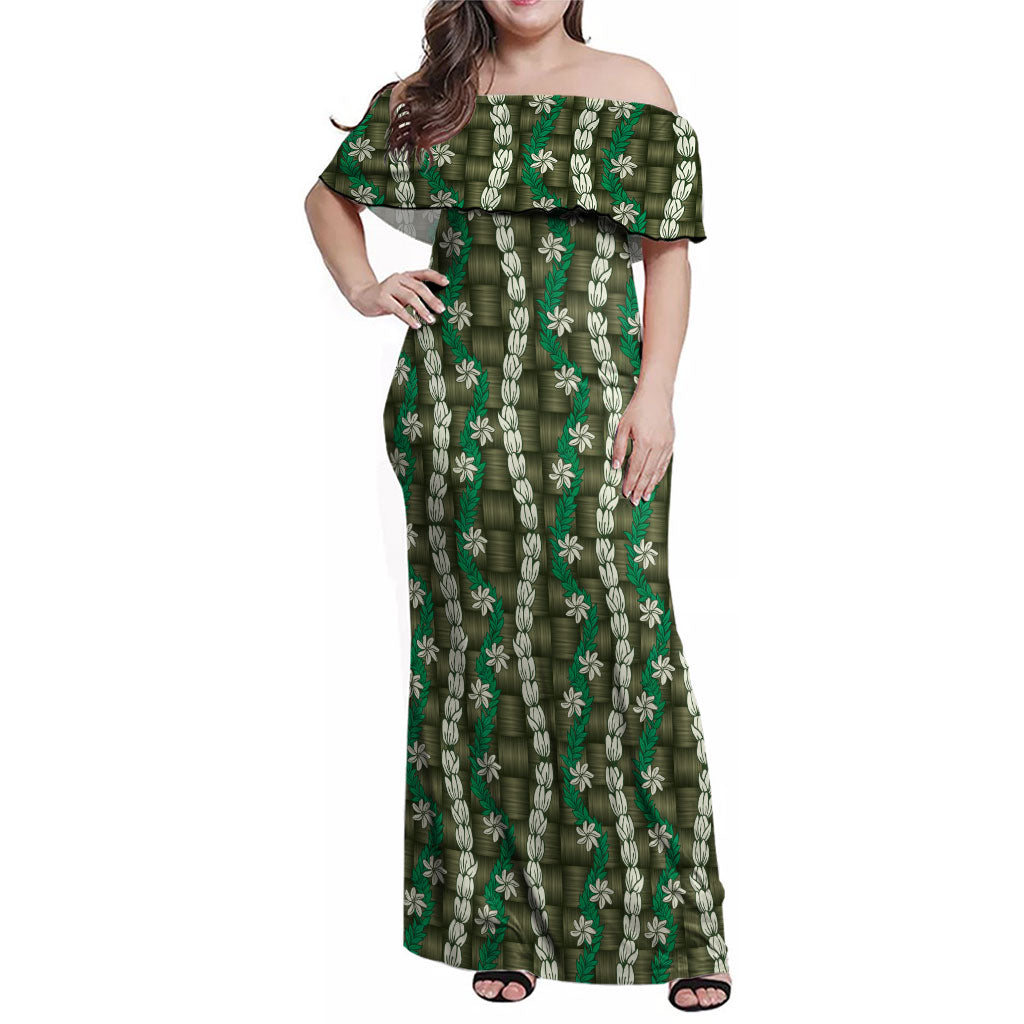 Pikake Maile Tiare Lei Family Matching Off Shoulder Maxi Dress and Hawaiian Shirt Omaomao Lauhala Pattern