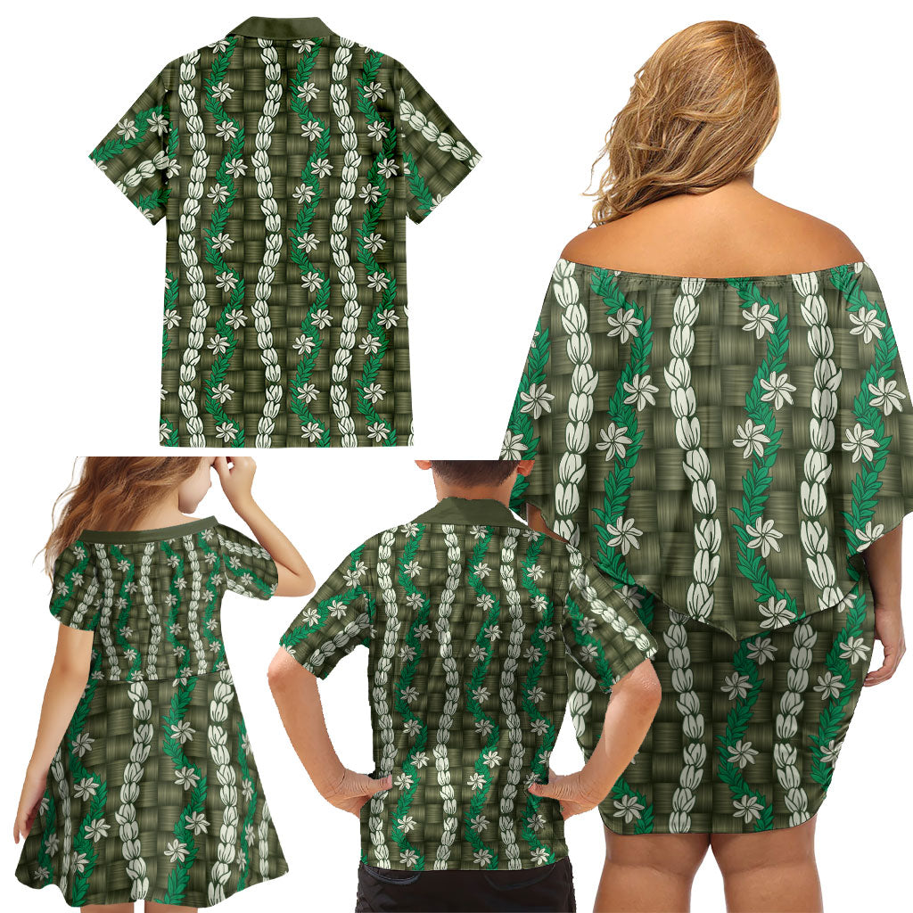 Pikake Maile Tiare Lei Family Matching Off Shoulder Short Dress and Hawaiian Shirt Omaomao Lauhala Pattern
