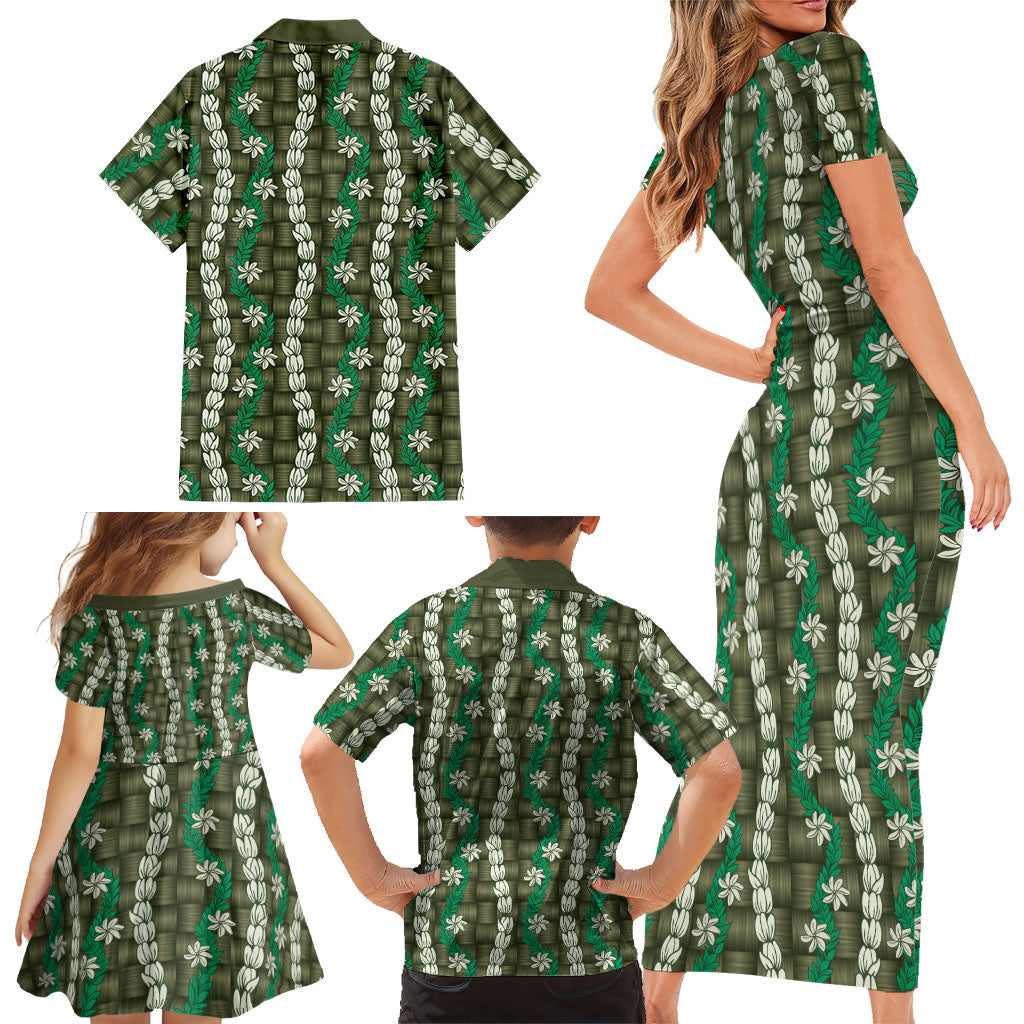 Pikake Maile Tiare Lei Family Matching Short Sleeve Bodycon Dress and Hawaiian Shirt Omaomao Lauhala Pattern