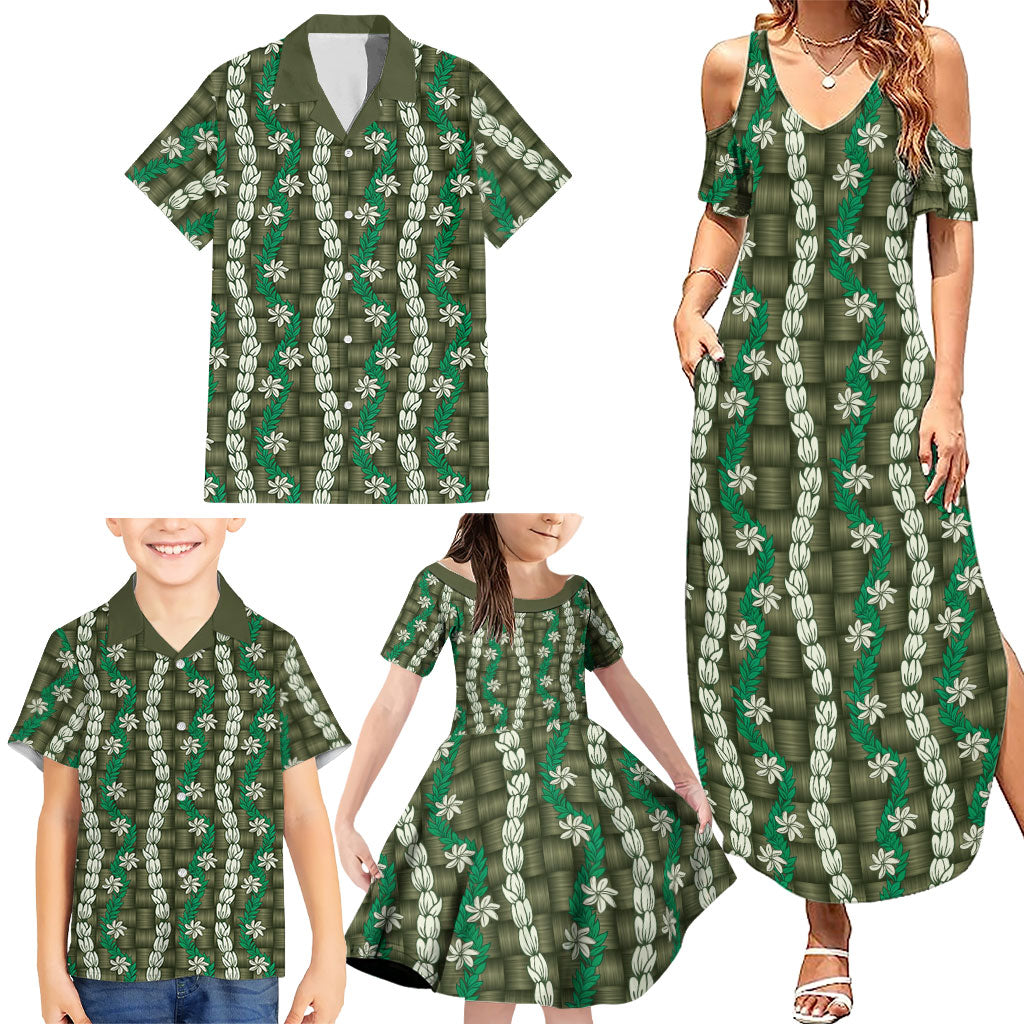 Pikake Maile Tiare Lei Family Matching Summer Maxi Dress and Hawaiian Shirt Omaomao Lauhala Pattern