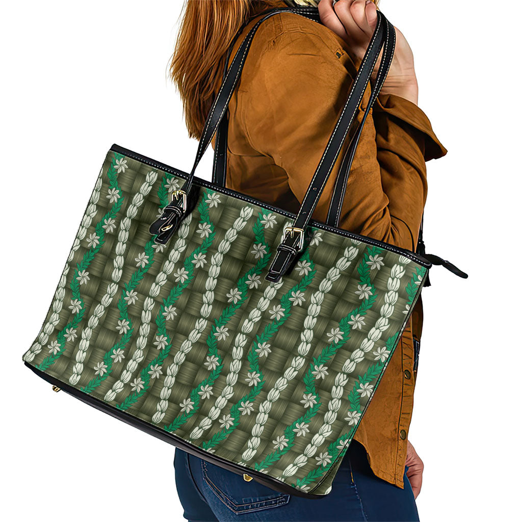 Pikake Maile Tiare Lei Leather Tote Bag Omaomao Lauhala Pattern