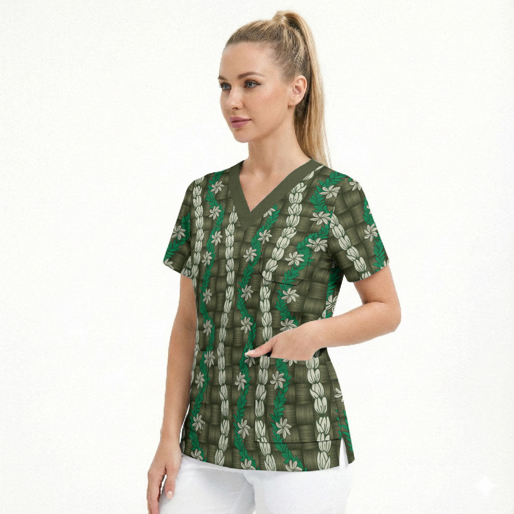 Pikake Maile Tiare Lei Scrub Top Omaomao Lauhala Pattern