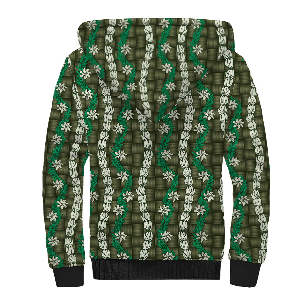 Pikake Maile Tiare Lei Sherpa Hoodie Omaomao Lauhala Pattern