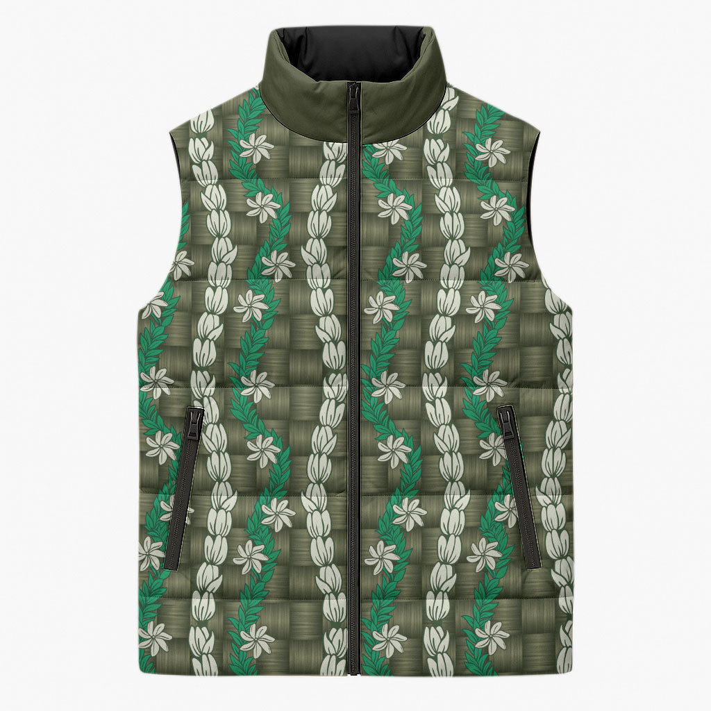 Pikake Maile Tiare Lei Sleeveless Puffer Jacket Omaomao Lauhala Pattern