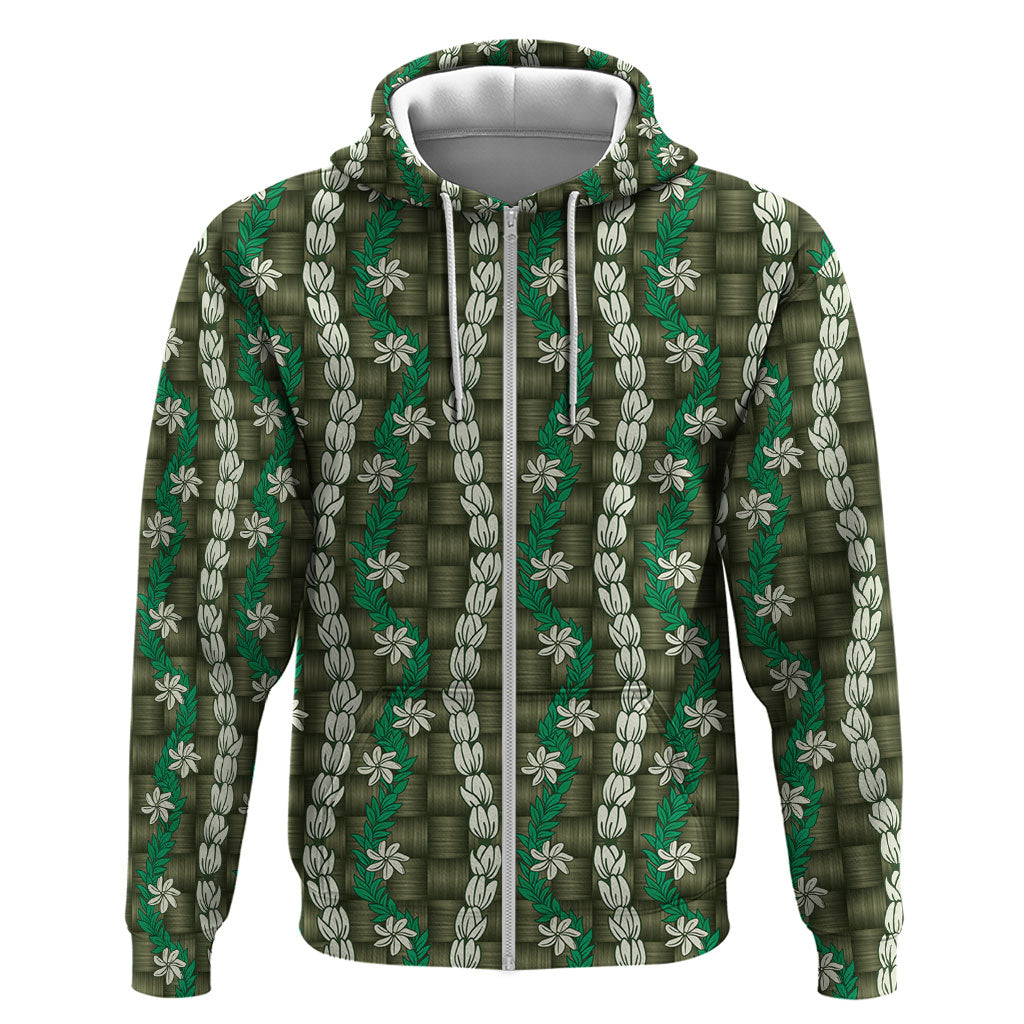 Pikake Maile Tiare Lei Zip Hoodie Omaomao Lauhala Pattern