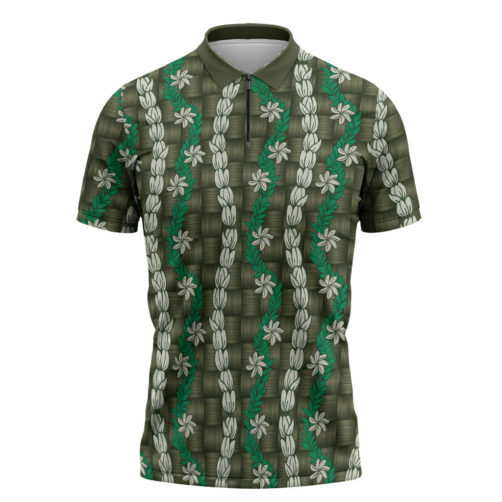 Pikake Maile Tiare Lei Zipper Polo Shirt Omaomao Lauhala Pattern