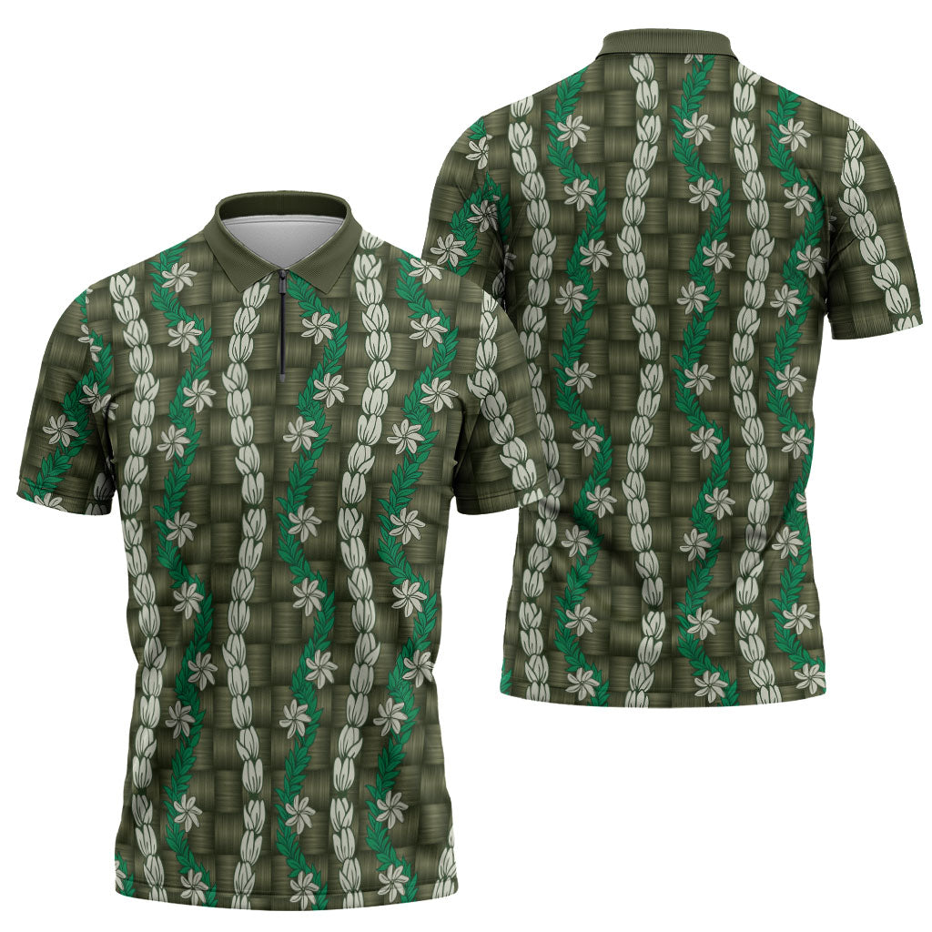 Pikake Maile Tiare Lei Zipper Polo Shirt Omaomao Lauhala Pattern