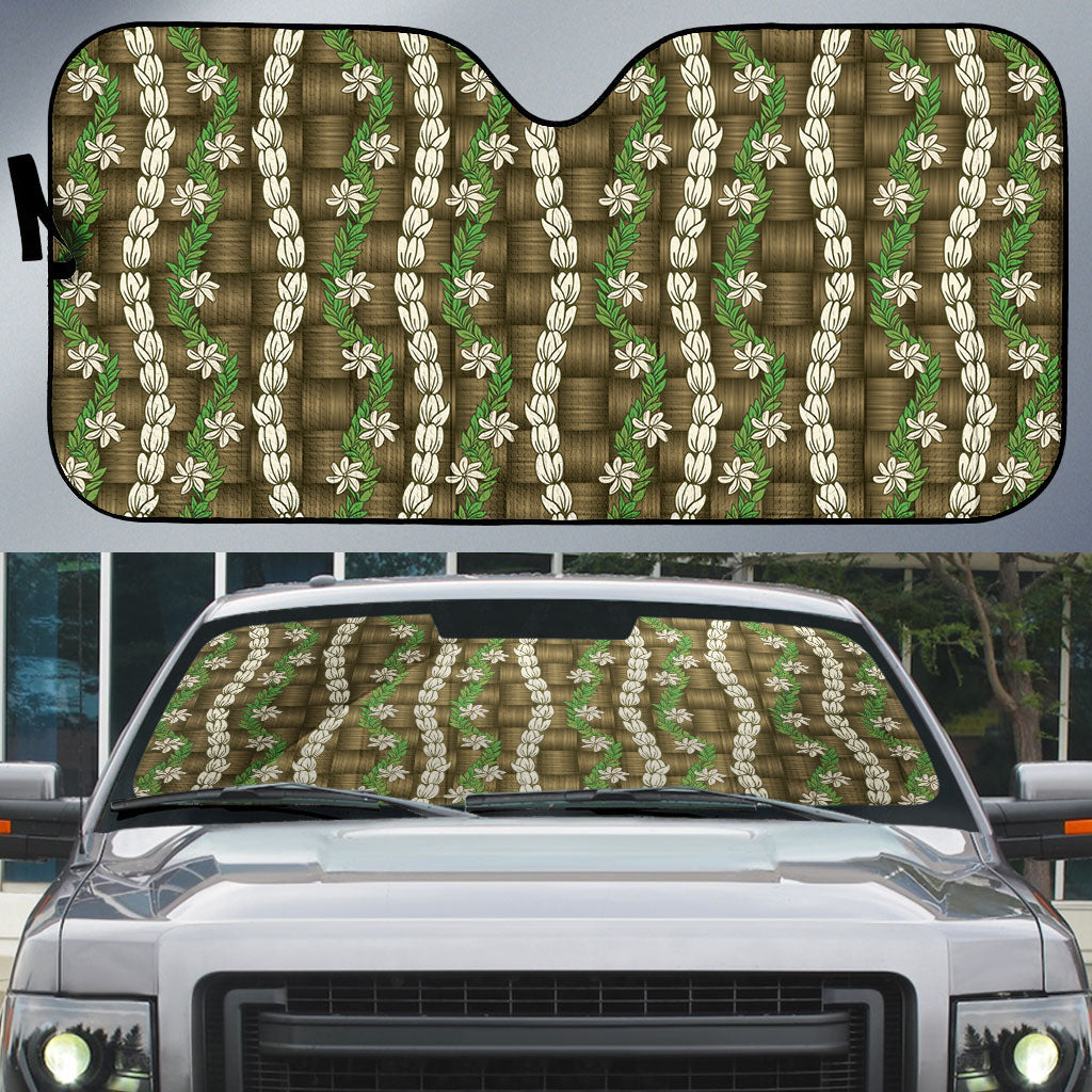 Pikake Maile Tiare Lei Auto Sun Shade Natural Lauhala Pattern