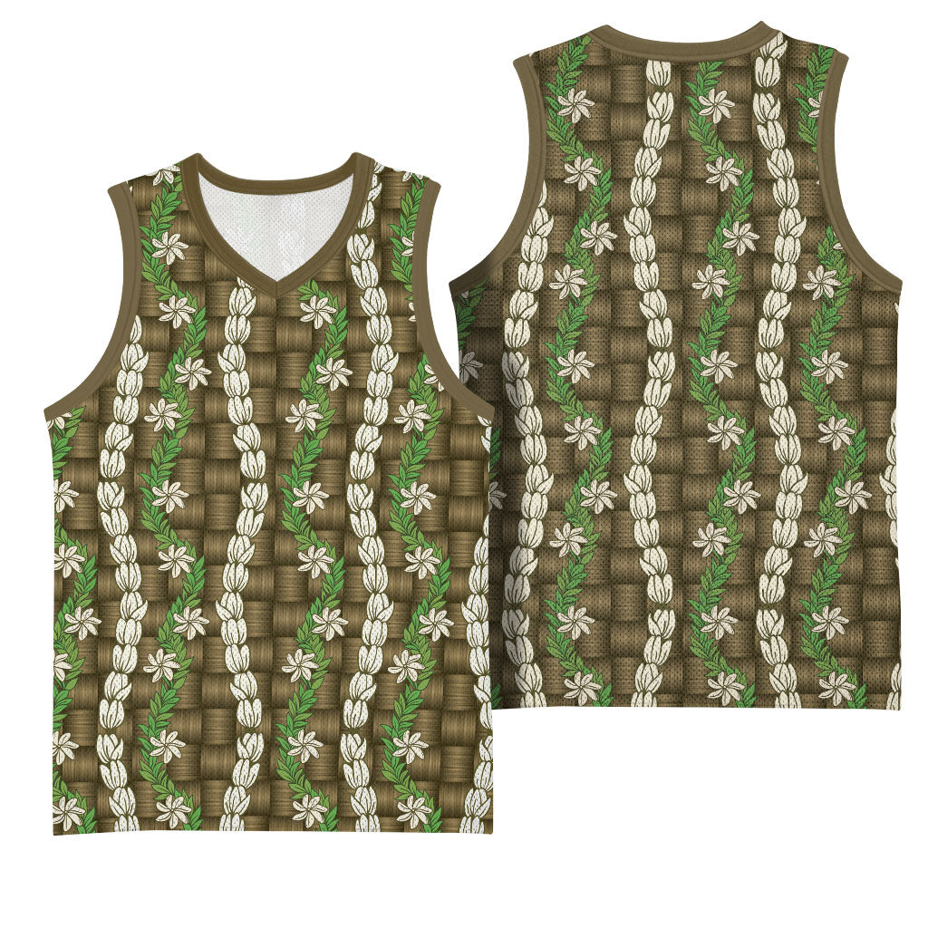 Pikake Maile Tiare Lei Basketball Jersey Natural Lauhala Pattern
