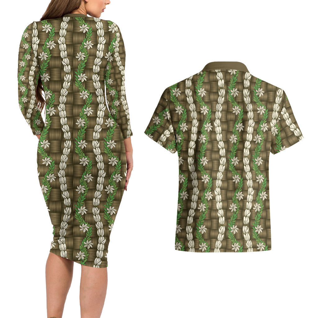 Pikake Maile Tiare Lei Couples Matching Long Sleeve Bodycon Dress and Hawaiian Shirt Natural Lauhala Pattern