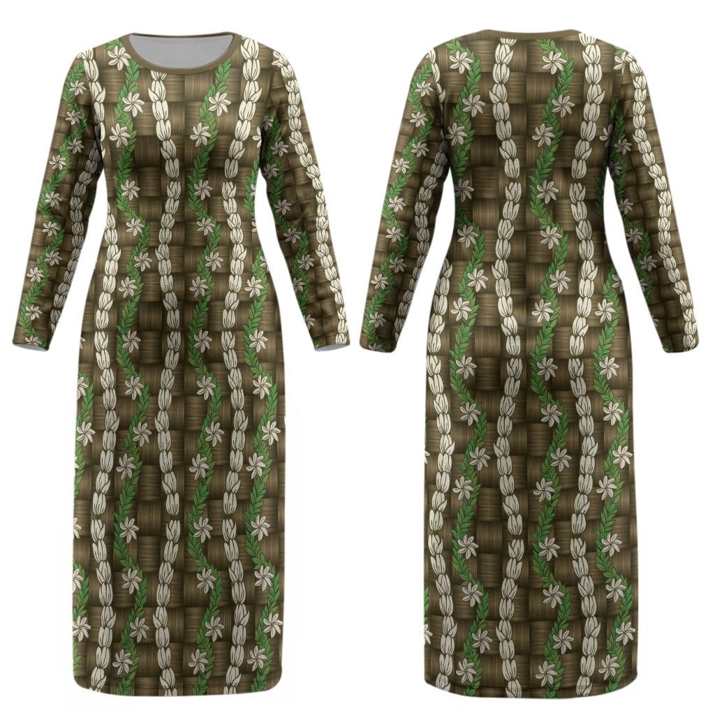 Pikake Maile Tiare Lei Couples Matching Long Sleeve Bodycon Dress and Hawaiian Shirt Natural Lauhala Pattern LT01 - Polynesian Pride