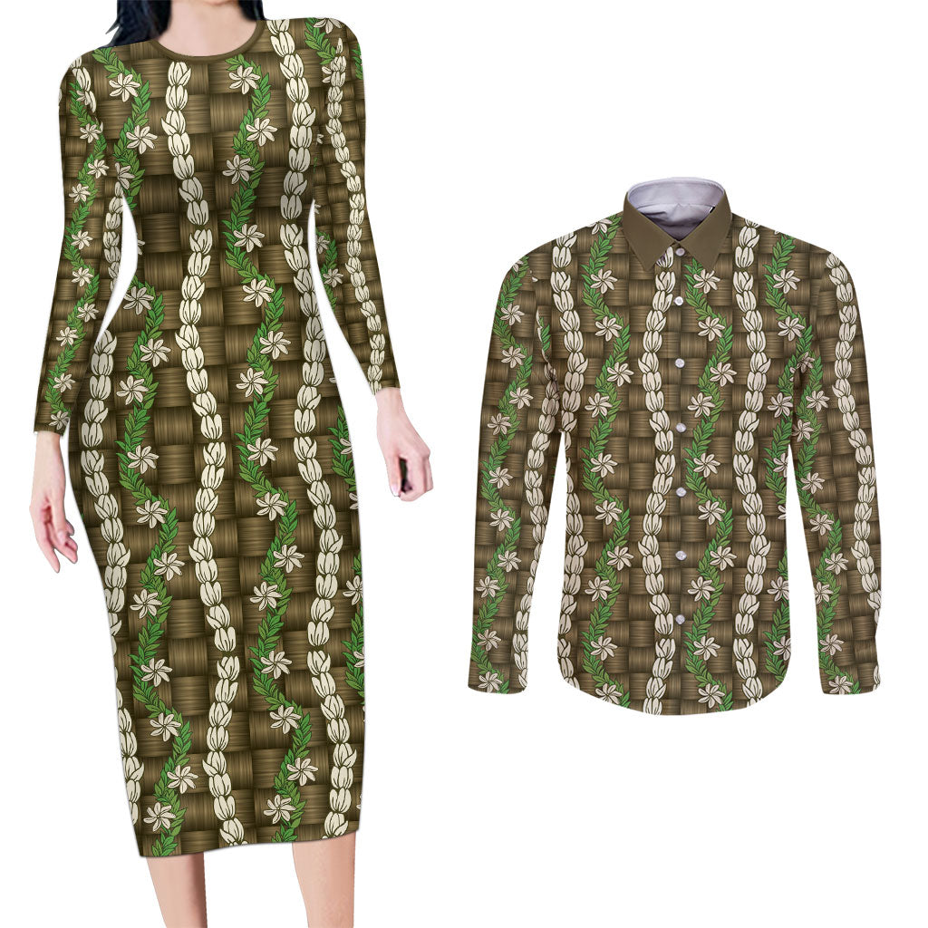 Pikake Maile Tiare Lei Couples Matching Long Sleeve Bodycon Dress and Long Sleeve Button Shirt Natural Lauhala Pattern