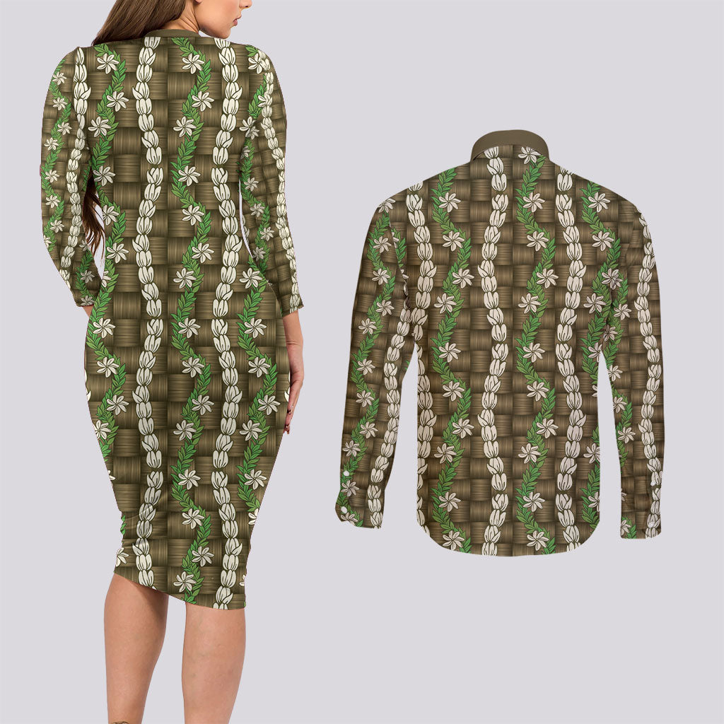 Pikake Maile Tiare Lei Couples Matching Long Sleeve Bodycon Dress and Long Sleeve Button Shirt Natural Lauhala Pattern