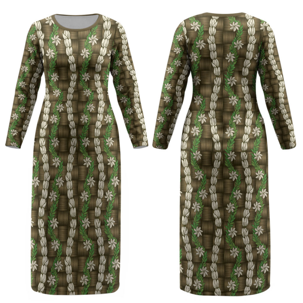Pikake Maile Tiare Lei Couples Matching Long Sleeve Bodycon Dress and Long Sleeve Button Shirt Natural Lauhala Pattern LT01 - Polynesian Pride