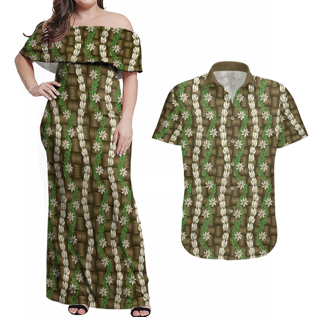 Pikake Maile Tiare Lei Couples Matching Off Shoulder Maxi Dress and Hawaiian Shirt Natural Lauhala Pattern LT01 Brown - Polynesian Pride