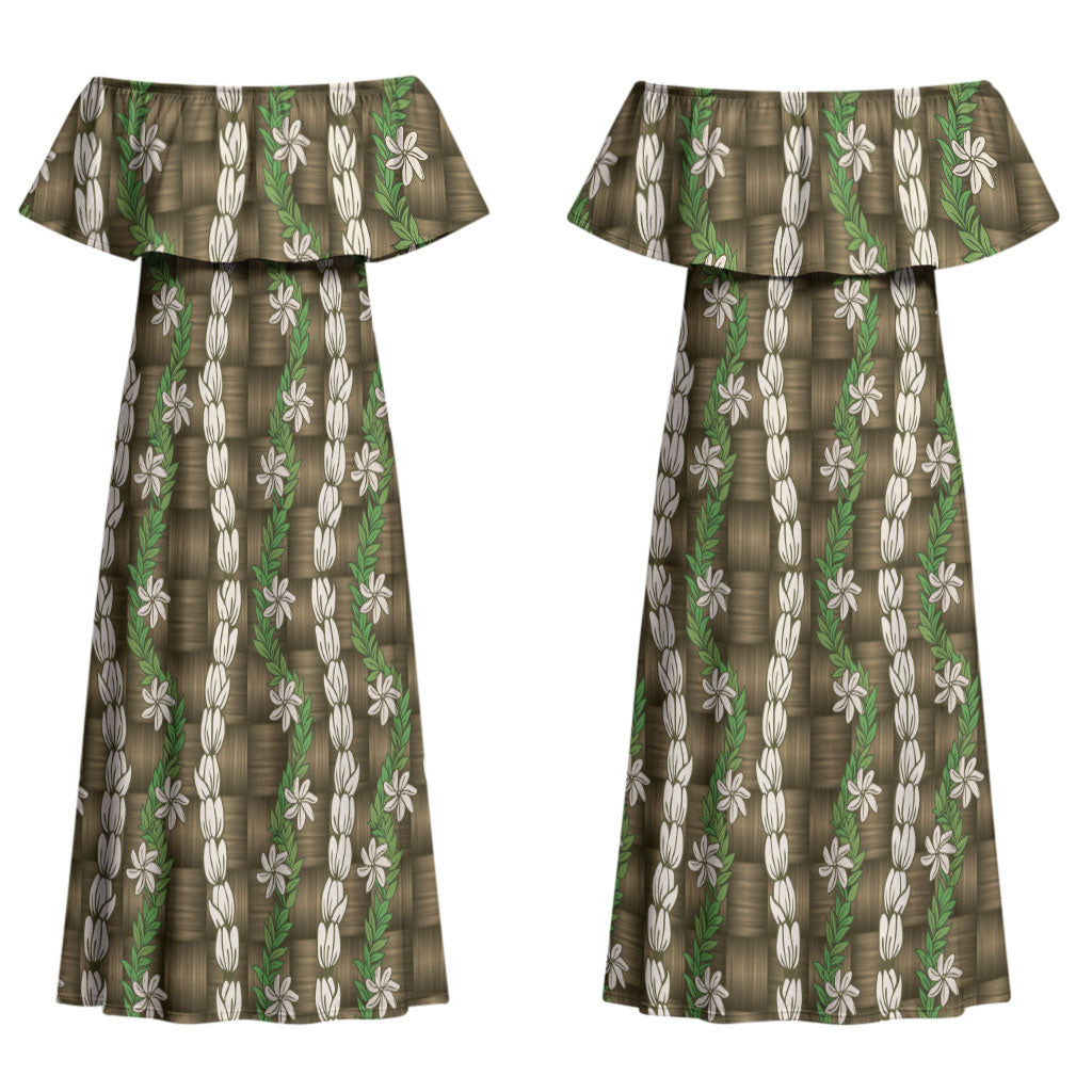 Pikake Maile Tiare Lei Couples Matching Off Shoulder Maxi Dress and Hawaiian Shirt Natural Lauhala Pattern LT01 - Polynesian Pride