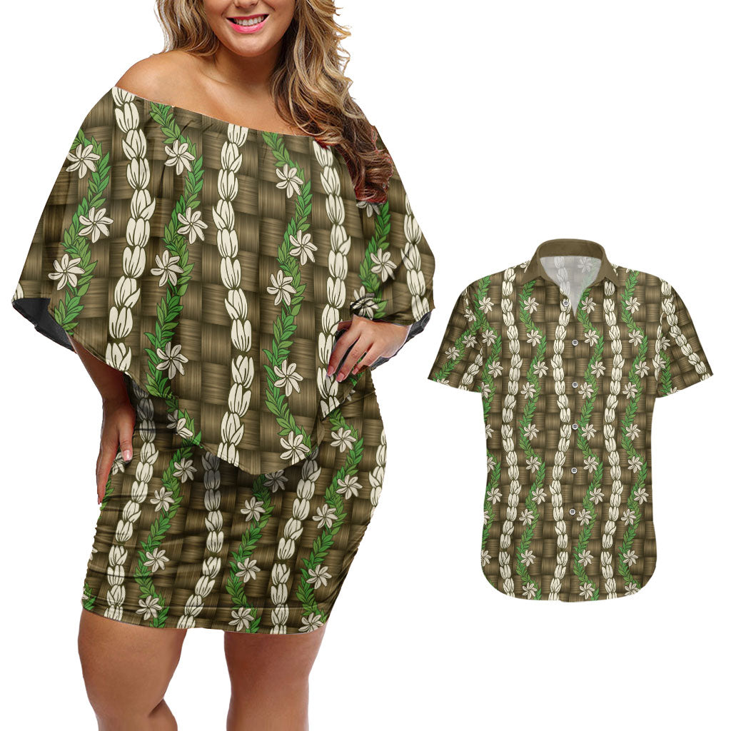 Pikake Maile Tiare Lei Couples Matching Off Shoulder Short Dress and Hawaiian Shirt Natural Lauhala Pattern LT01 Brown - Polynesian Pride