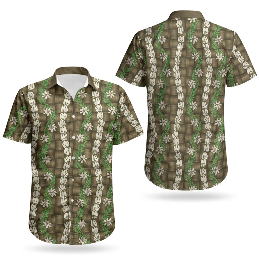 Pikake Maile Tiare Lei Couples Matching Off Shoulder Short Dress and Hawaiian Shirt Natural Lauhala Pattern LT01 - Polynesian Pride